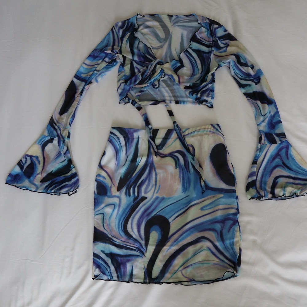 Shein Festival Two Piece Rave Set Women's Small Skirt Marble Y2K Club Tie Front